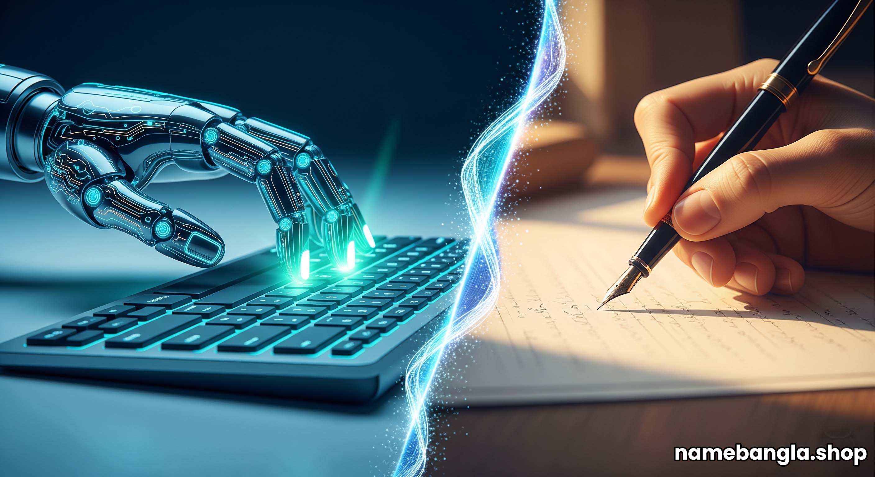A robotic hand and a human hand working on a resume, comparing AI vs manual cv building