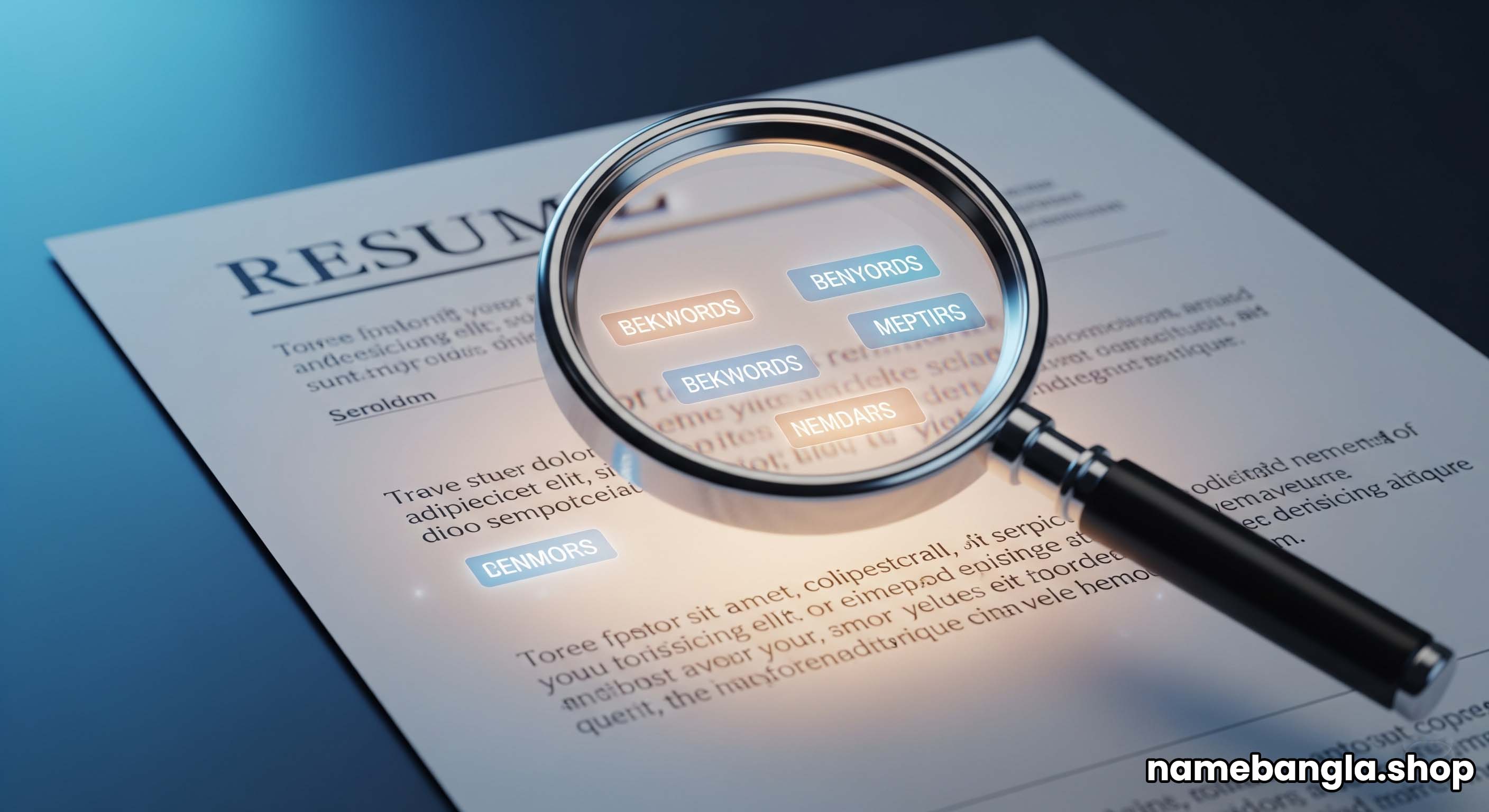 A magnifying glass highlighting keywords on a resume